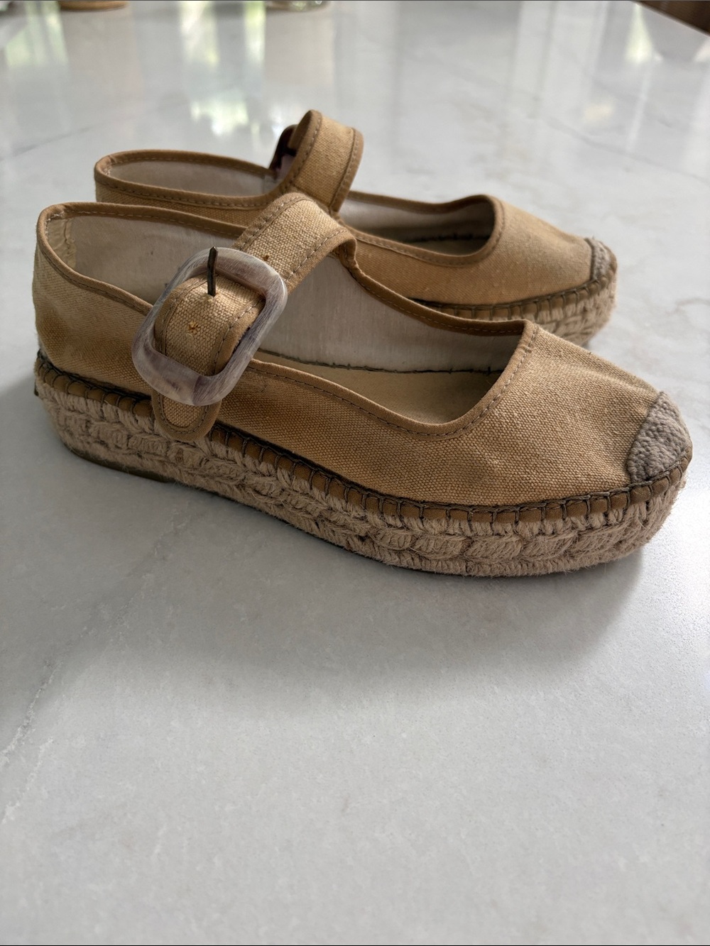Free People Surfside Espadrille Mary Jane Shoes Tan Buckle Casual Boho Size 6.5